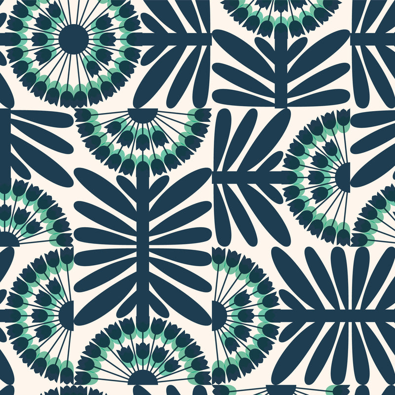 Retro Rotating Allium Laminated fabric by Taya Cosgrove for Cloud 9 fabrics