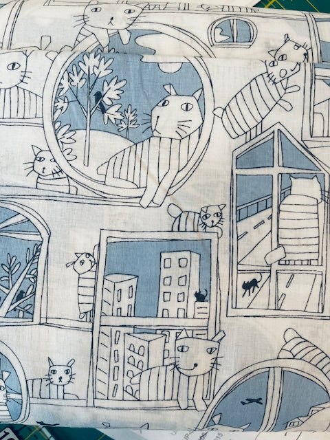 WHITE AND BLUE Cat in Windows Printed Cotton Lawn from KOKKA