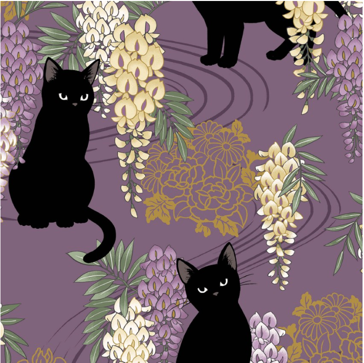 PURPLE/GOLD Hyakka Ryoran Neko & Fuji cotton sheeting from Quilt Gate