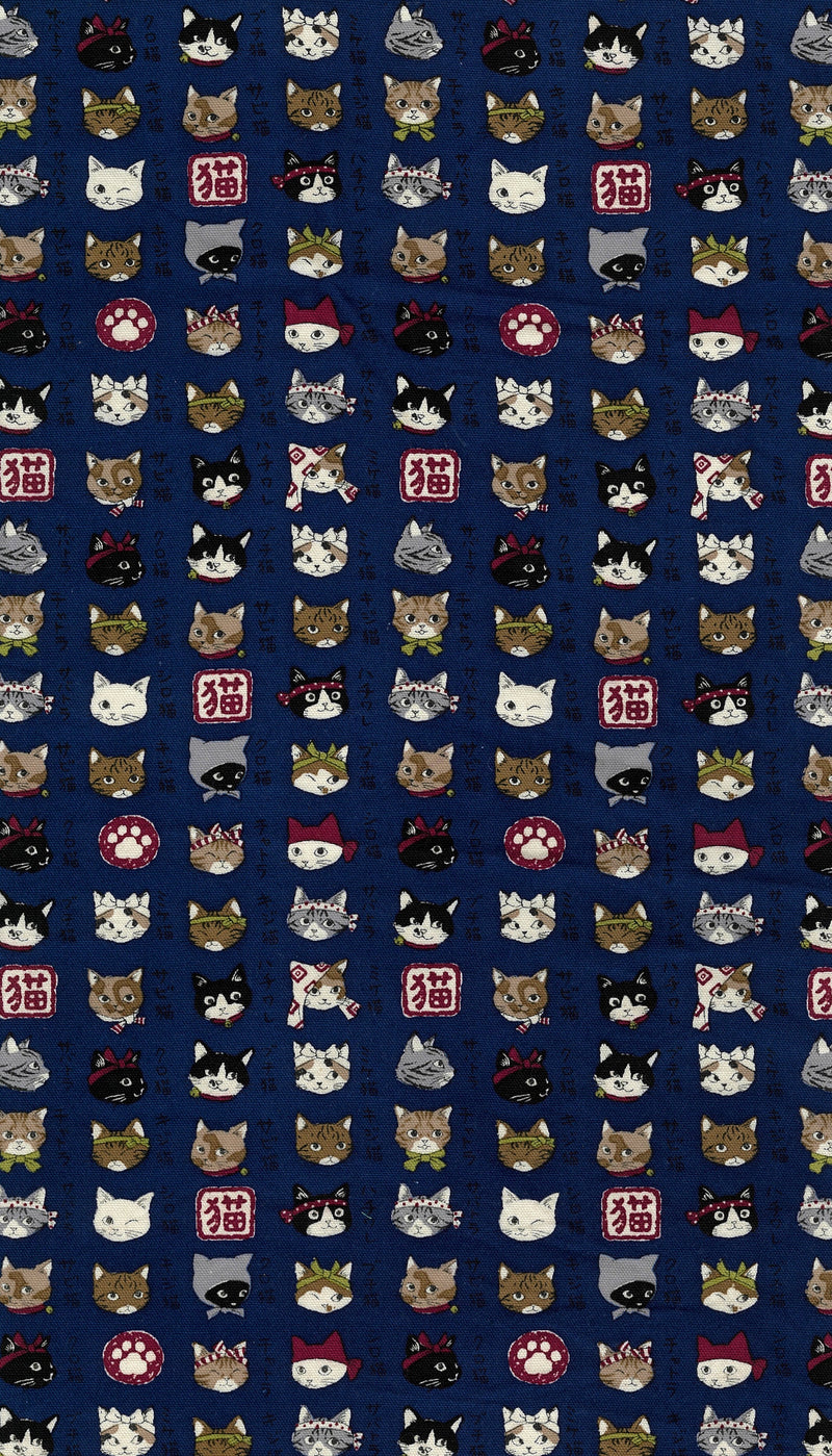 BLUE Japanese Cats Oxford Cotton from Kokka