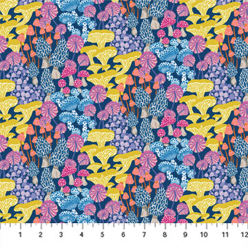 BLUE Mushroom Magic from Magic Garden by Josephine Kimberling for Figo Fabrics